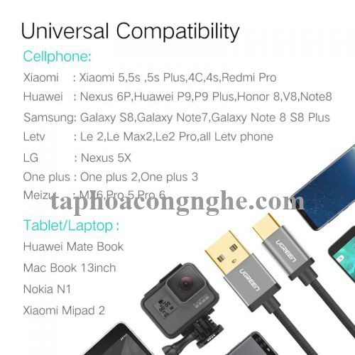 Ugreen 30879 0.5M 3A Màu Đen Cáp USB TypeC sang USB 2.0 Hỗ trợ sạc nhanh dây bên Nylon US174 30030879